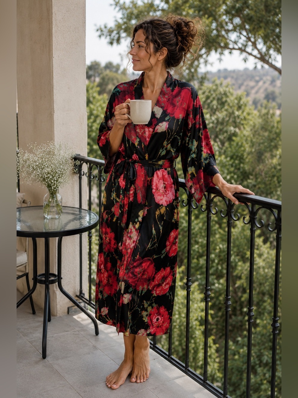 Natori Floral Satin Kimono Robe Black Pink Red Belted Lounge Cover Up Size Small